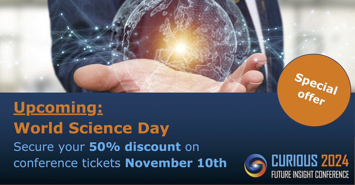 🌐🔬 Happy #WorldScienceDay 2023! 🧪🚀

🚀 Exclusive 50% Discount🎟️offered by @FutureInsight on Curious2024 - Future Insight Conference tickets! Use code 𝐖𝐎𝐑𝐋𝐃𝐒𝐂𝐈𝐄𝐍𝐂𝐄 from 0-24 on 10/11/2023. Share the science love! 🚀🔬 #Curious2024 #ScienceDiscount