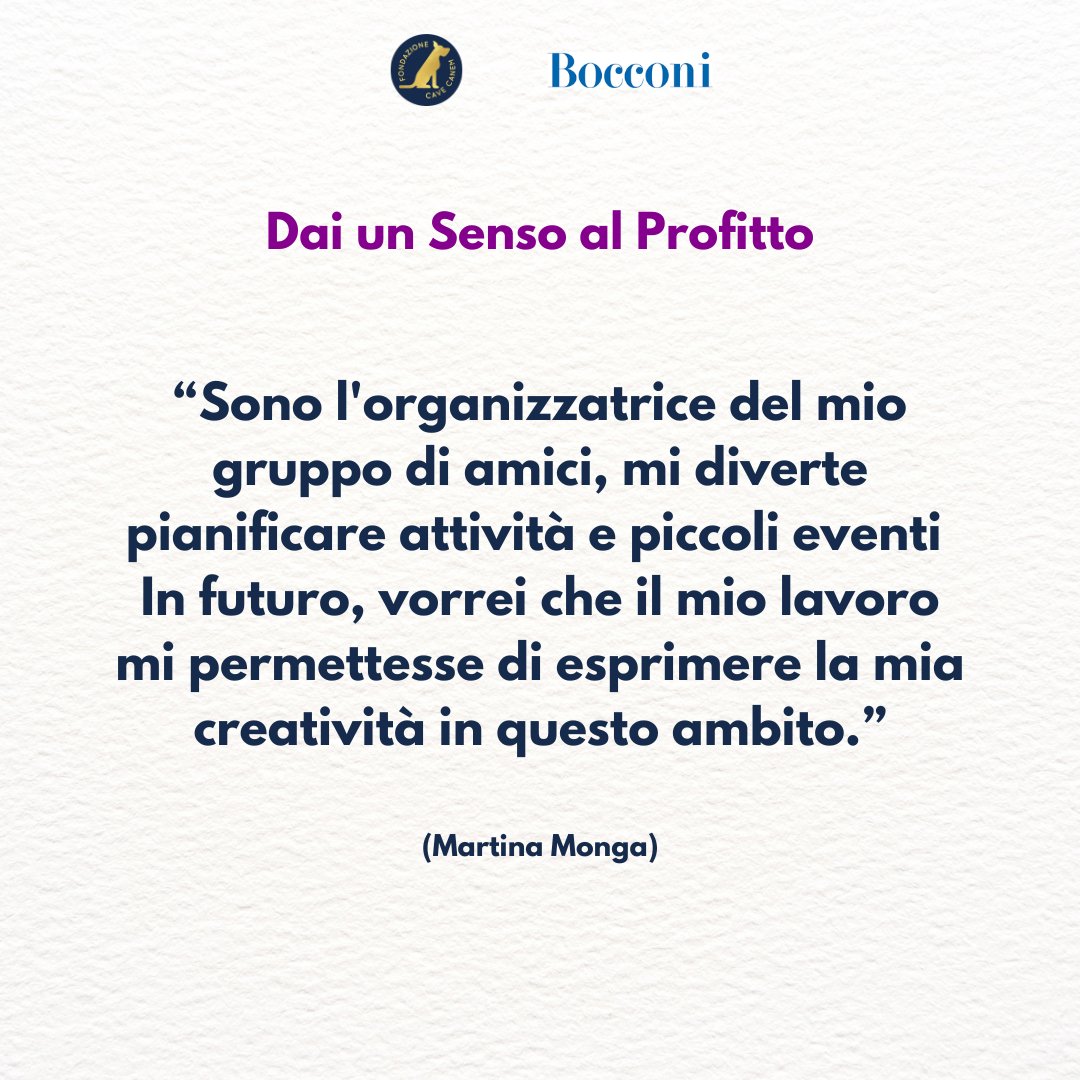 Oggi vi presentiamo Martina, brillante studentessa partecipante alla quarta edizione del progetto #DaiUnSensoAlProfitto, in collaborazione con @Unibocconi. 📚 👇🏼

#FondazioneCAVECANEM
#impresasociale #impattosociale #opportunità #tuteladeglianimali