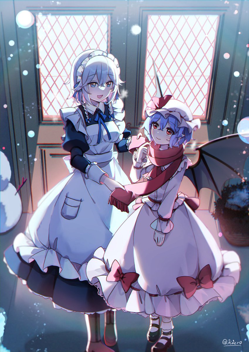 izayoi sakuya ,remilia scarlet multiple girls 2girls red scarf hat mob cap apron long sleeves  illustration images