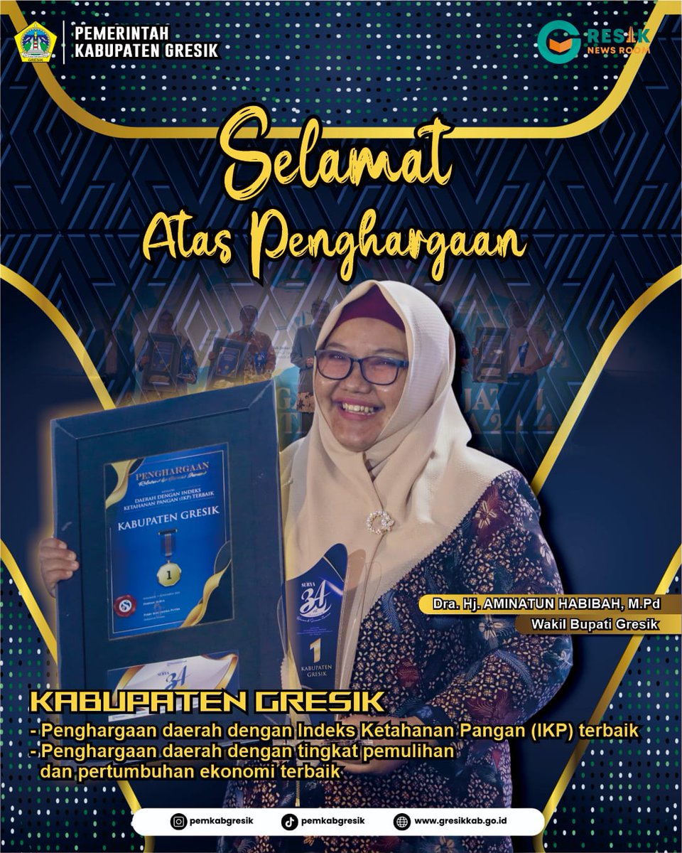 Pemerintah Kabupaten Gresik mengucapkan Selamat Atas Penghargaan kepada Kabupaten Gresik atas diraihnya 2 penghargaan sekaligus dalam rangka HUT Ke 34 Harian Surya