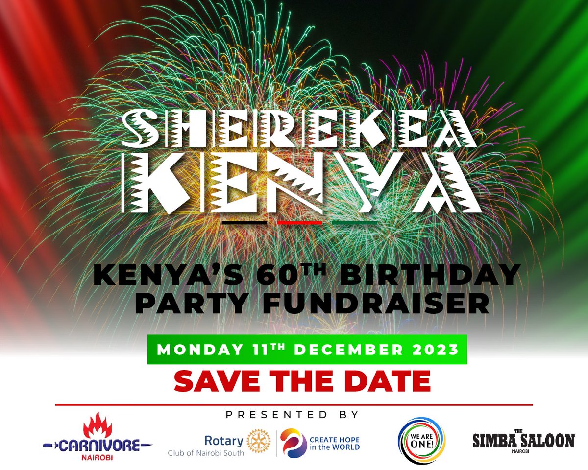Rotary Club of Nairobi South at 60!!!!

Rotary Club of Nairobi South has Planned a Glittering Fundraising Event Celebrating 60 Years of Community Service.

Save the Date – Monday 11th December.

 The Rotary Club of Nairobi South is partnering with <a href="/CarnivoreKe/">Carnivore Nairobi</a> to stage an...