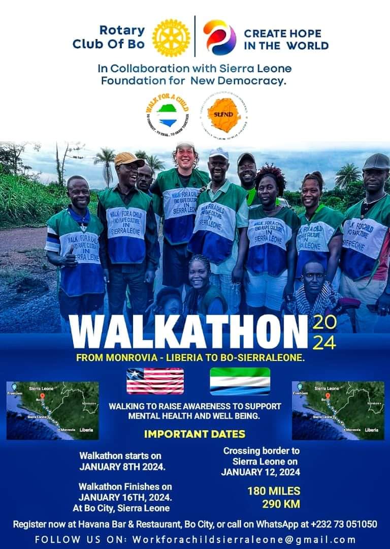 Rotary Club of Bo and Sierra Leone Foundation for New Democracy (SLFND) Presents: Walkathon 2024 to Promote Mental Health and Girls Empowerment respectively
#rotaryclubbo #bocity #Freetown #Monrovia #sierraleone #Liberia #mentalhealth #mentalhealthawareness  #africansportsmonthly