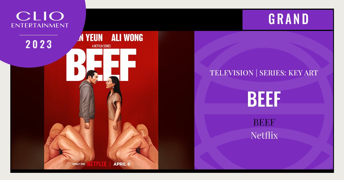 The_Clios's tweet photo. And the #ClioEntertainment Grand in Television | Series: Key Art goes to…@Netflix’s BEEF! 

BEEF’s key art pictures its main characters facing off against each other in an example of the show’s title. #ClioEntertainment https://t.co/AW54WGVBUX