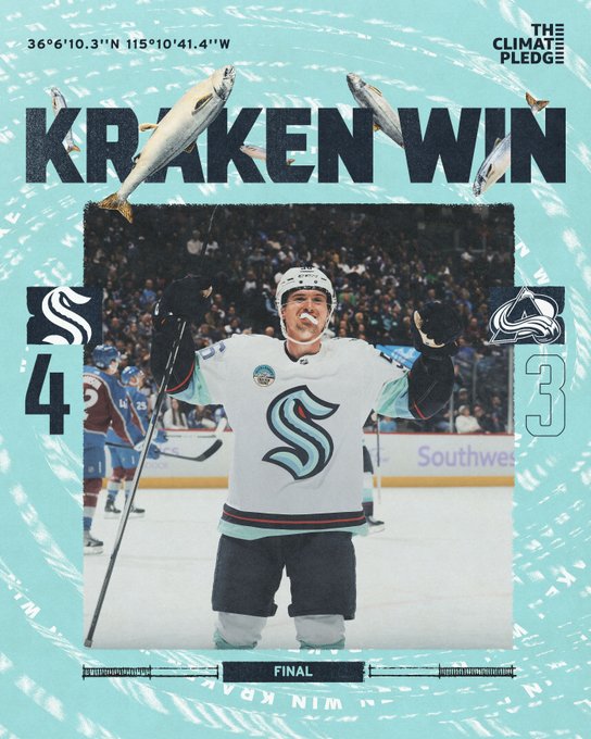 kraken win graphic featuring image of kailer 4-3, kraken 