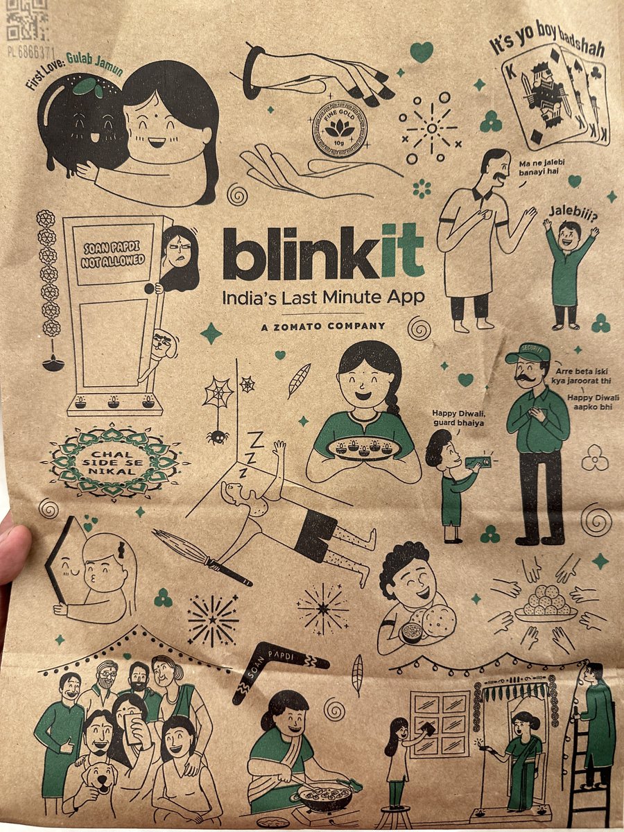 .@letsblinkit Diwali special delivery bags featuring Soan Papdi.