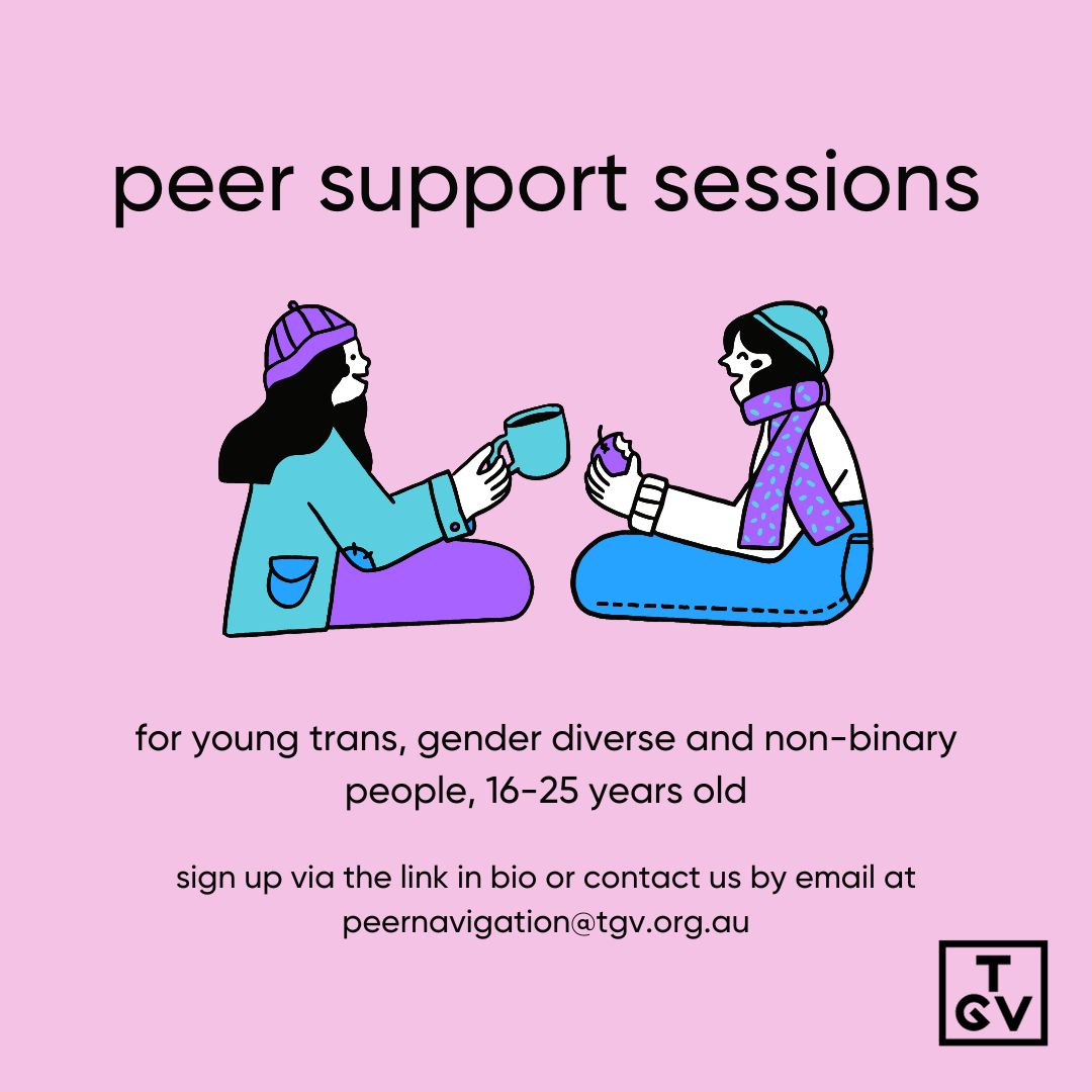 🩷ONE-ON-ONE PEER SUPPORT SESSIONS FOR YOUNG TGD PEOPLE🩷

Spots have opened up for individual peer support sessions with our youth peer navigator. Sessions are for young trans, gender diverse and non-binary young people between the ages of 16 and 25.

shorturl.at/yA257