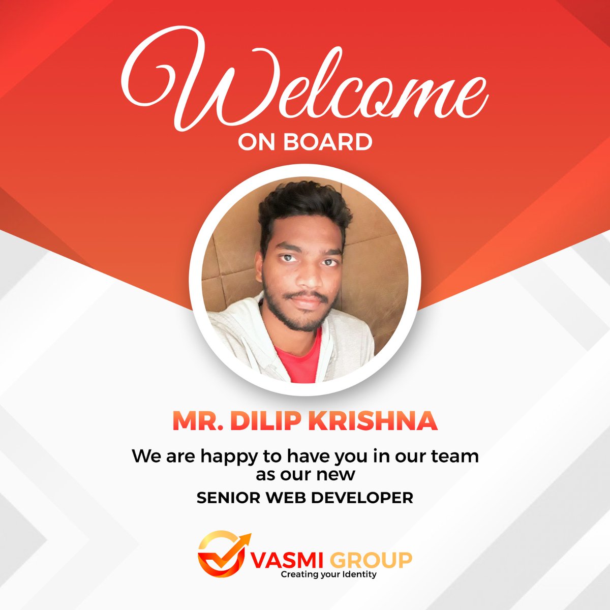 VasmiGroup's tweet image. Welcome On Board MR.Dilip Krishna
Vasmi Group,We are to have you in our team as our new
Senior Web Developer
#vasmigroup #welcomeonboard #seniorwebdeveloper #vizag #visakhapatnam #andhrapradesh #india #recruiting #IT #marketing #digitalmarketing #logodesigning #websitedesigning