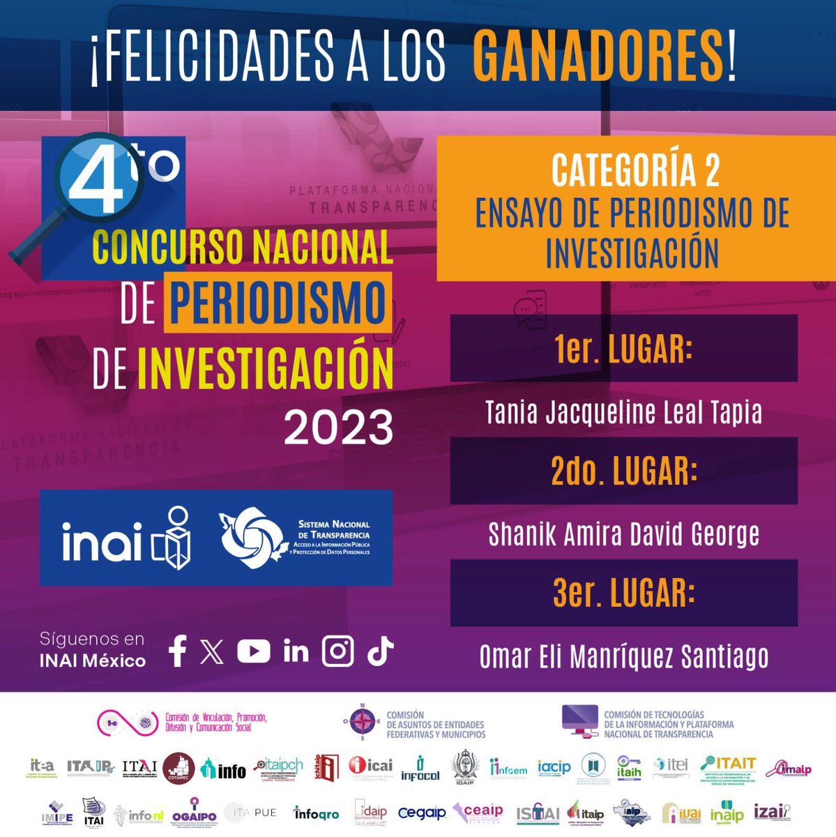 🥈Los ganadores de la Categoría 2 del Concurso Nacional de Periodismo de Investigación 2023. Se logró el objetivo de promover entre la comunidad de académicos y profesionales el derecho a saber y la protección de datos personales. ¡Enhorabuena! Nos vemos en la <a href="/FILGuadalajara/">FIL Guadalajara</a>