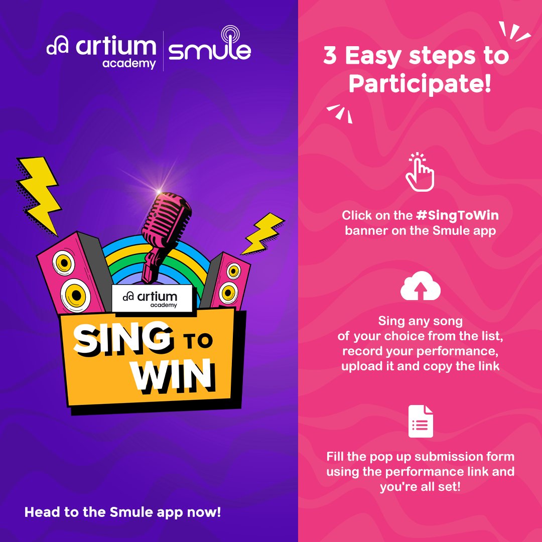 Ready to Sing Your Way to Victory? 🏆 Just follow these 3 steps to participate in #SingToWin and you're all set for a change to win fantastic prizes✨ T&C applied* @artiumacademy Sing here- bit.ly/SmuleXArtium-S…