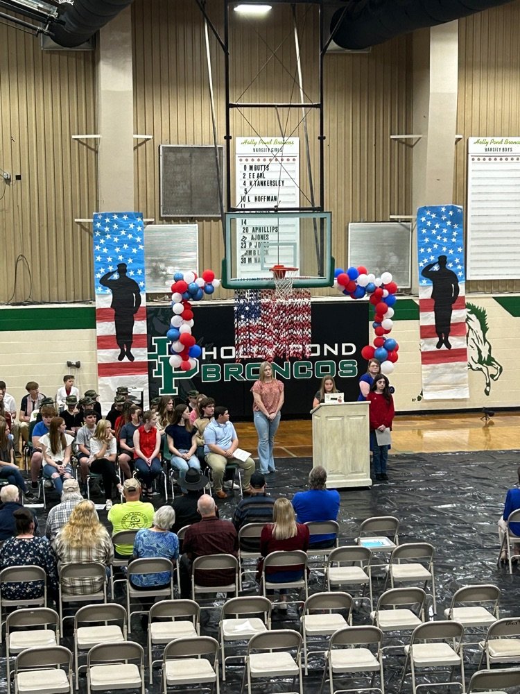 HollyPondHigh's tweet photo. The 2023 edition of the Holly Pond Veterans Day program is in the books. Today both schools combined to carry on the tradition of the longest standing program in the state. Today was a great example of One Town, One Family! IT'S A GREAT DAY TO BE A BRONCO!! https://t.co/8dEOdsMt8X