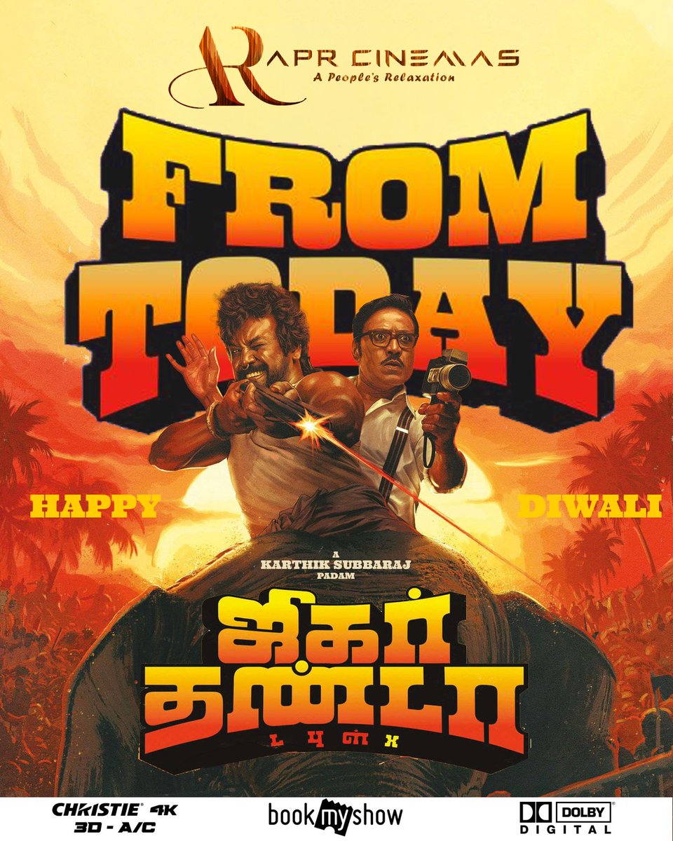 AprJeyamCinemas's tweet photo. From Today #APRcinemas #Madurai #Jigarthanda #KarthikSubbaraj #ragava #sjsuriya #Diwali https://t.co/avrg7hcwuU