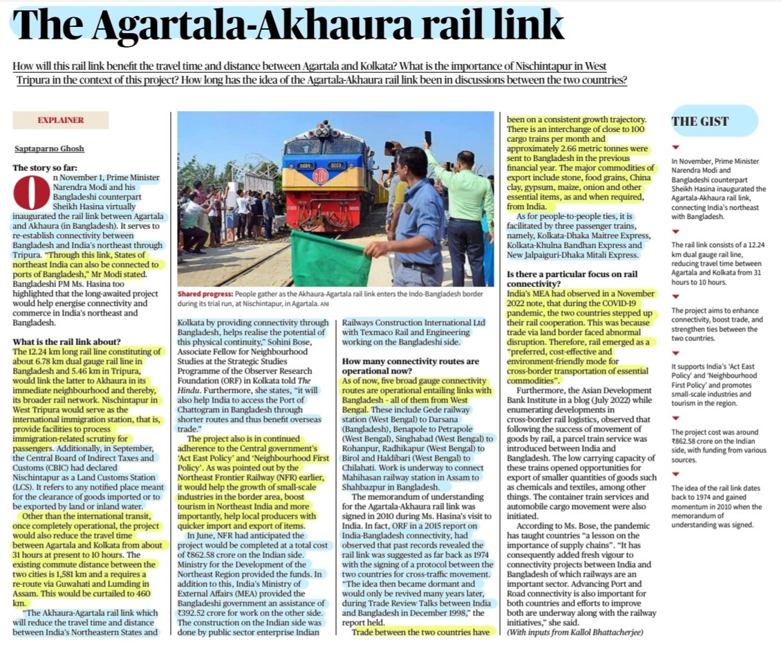 'The Agartala-Akhaura Rail Link'

Details:#AgartalaAkhaura rail link-1st betwn Bangladesh & #NorthEast ,impact, #India #Bangladesh friendship, other #connectivity projects & 
More info..

#ActEastPolicy #NeighbourhoodFirst #Trade 
#BilateralRelations 

#UPSC 

Source: IE