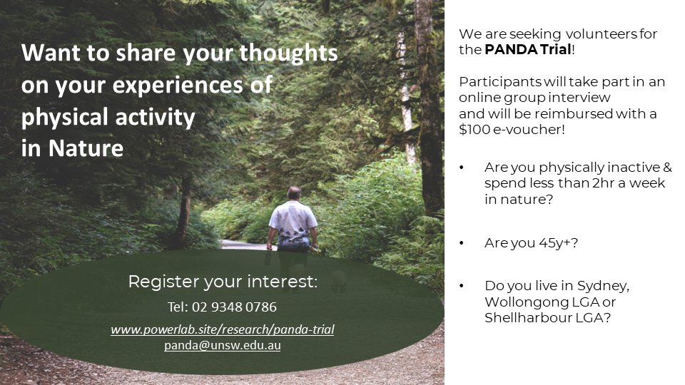People!😃
Do you have experiences to share that may help others find more quality time with #nature to support #health and #wellbeing?

Then we want to hear from you!
👉powerlab.site/research/panda…

#PANDA #greenspace #bluespace #natureprescriptions #naturebasedsolutions #healthequity