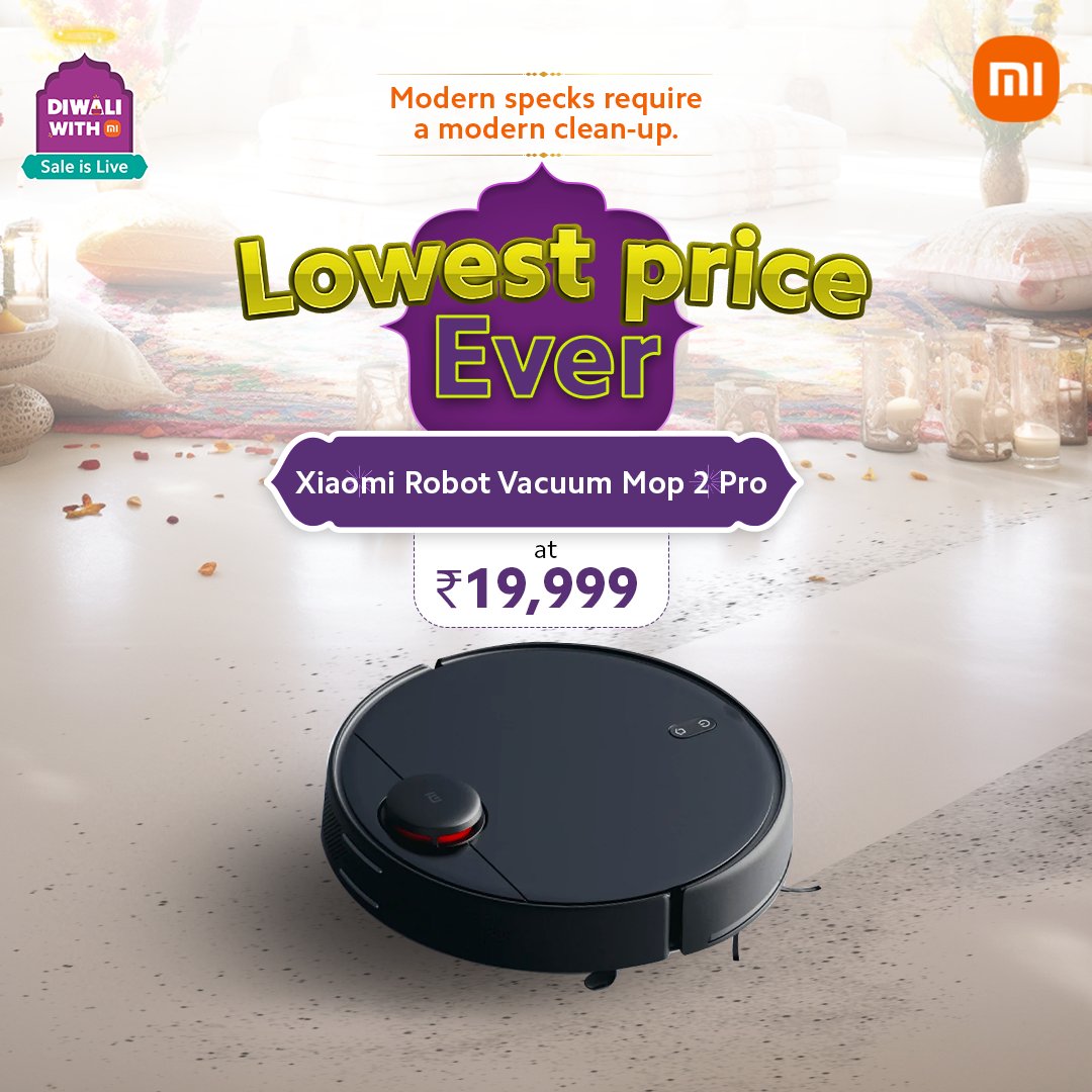 XiaomiIndia's tweet image. Say hello to a smarter cleaning experience with the #XiaomiRobotVacuumMop2Pro. 
The #DiwaliWithMi sale is your chance to grab it at the Lowest Price Ever.

Shop Now: bit.ly/3xkVORz
#TechSeSmartDilSeSmart