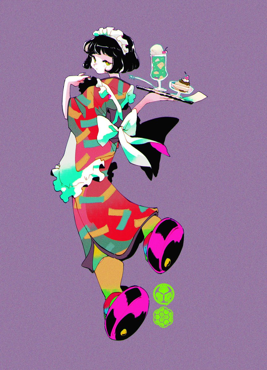 1girl solo black hair japanese clothes purple background short hair food  illustration images