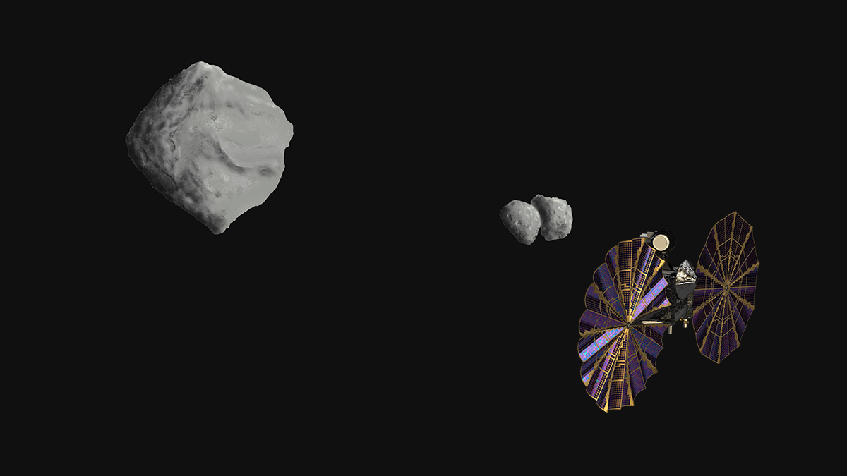 Artist depiction of <a href="/LucyMission/">Lucy Mission</a> Flyby of #Dinkinesh and its moons.