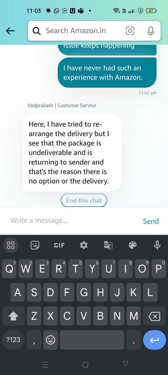 ab11ay's tweet photo. @AmazonHelp Hi Swetha, now somehow the package is undeliverable???? https://t.co/FQD0cm28K7