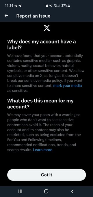 Cool, why is this news, I've literally had my account marked as "I post sensitive media" since the day<a href="/tag/ttfc2023"class="tags"><span>#ttfc2023</span></a>
