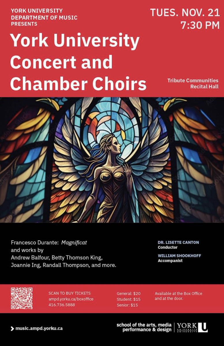 The York U Concert &amp; Chamber Choirs perform the Durante Magnificat and works by Balfour, Betty Thomson King, Joannie Ing, Thompson, and more, on Tuesday, November 21, 7:30 p.m., at the Tribute Communities Recital Hall.

Tickets available at: ampd.yorku.ca/boxoffice