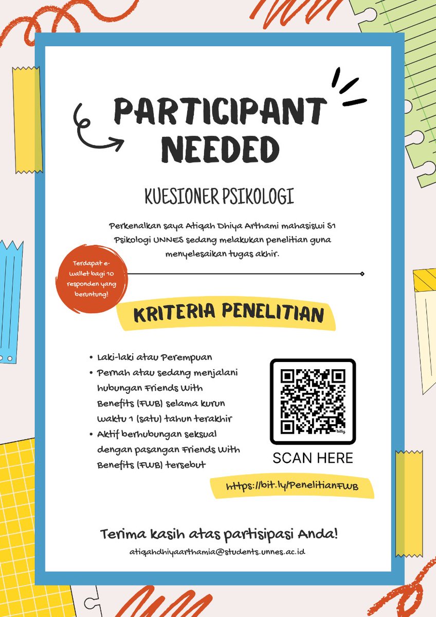nyonyaahhh's tweet photo. 📩 CALLING FOR PARTICIPANT

Kriteria Penelitian:
1. Laki-laki/Perempuan
2. Pernah/sedang menjalani hubungan FWB selama 1 tahun terakhir
3. Aktif berhubungan seksual dgn partner FWB tersebut

Link kuesioner:
https://t.co/E31q5PSlmB

‼️💸Saldo e-wallet bagi 10 partisipan beruntung https://t.co/URNPkDb6mH