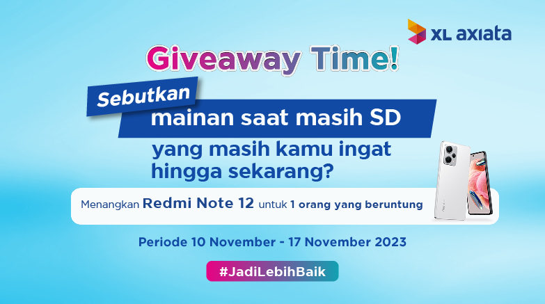Yuk ikutan!
1. Follow @XLAxiata_Tbk 
2. RT dan Like Postingan ini
3. Sebutkan mainan saat masih SD yang masih kamu ingat!
5. Mention teman kamu
6. Sertakan hashtag #JadiLebihBaik sebanyak mungkin!
7. Ceritakan alasanmu sekreatif mungkin
8. Komen sebanyak-banyaknya