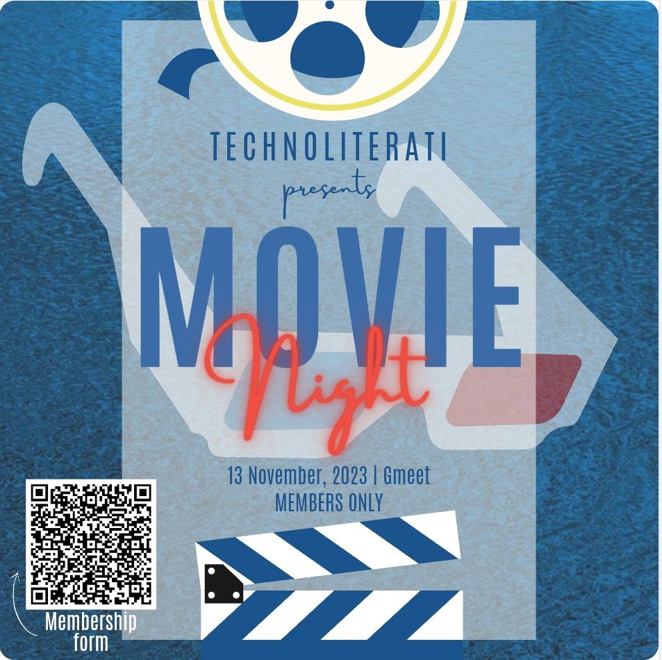 TLiterati's tweet photo. TechnoLiterati presents 'MOVIE NIGHT' 🎉 exclusively for the TechnoLiterati members. 

DATE: 13.11.2023

TIME: 9 pm

VENUE: G Meet

To not miss out on more exclusive events like this in the future, sign up for TechnoLiterati membership here:
https://t.co/eLDJHFAe1m https://t.co/K6KonITJuU