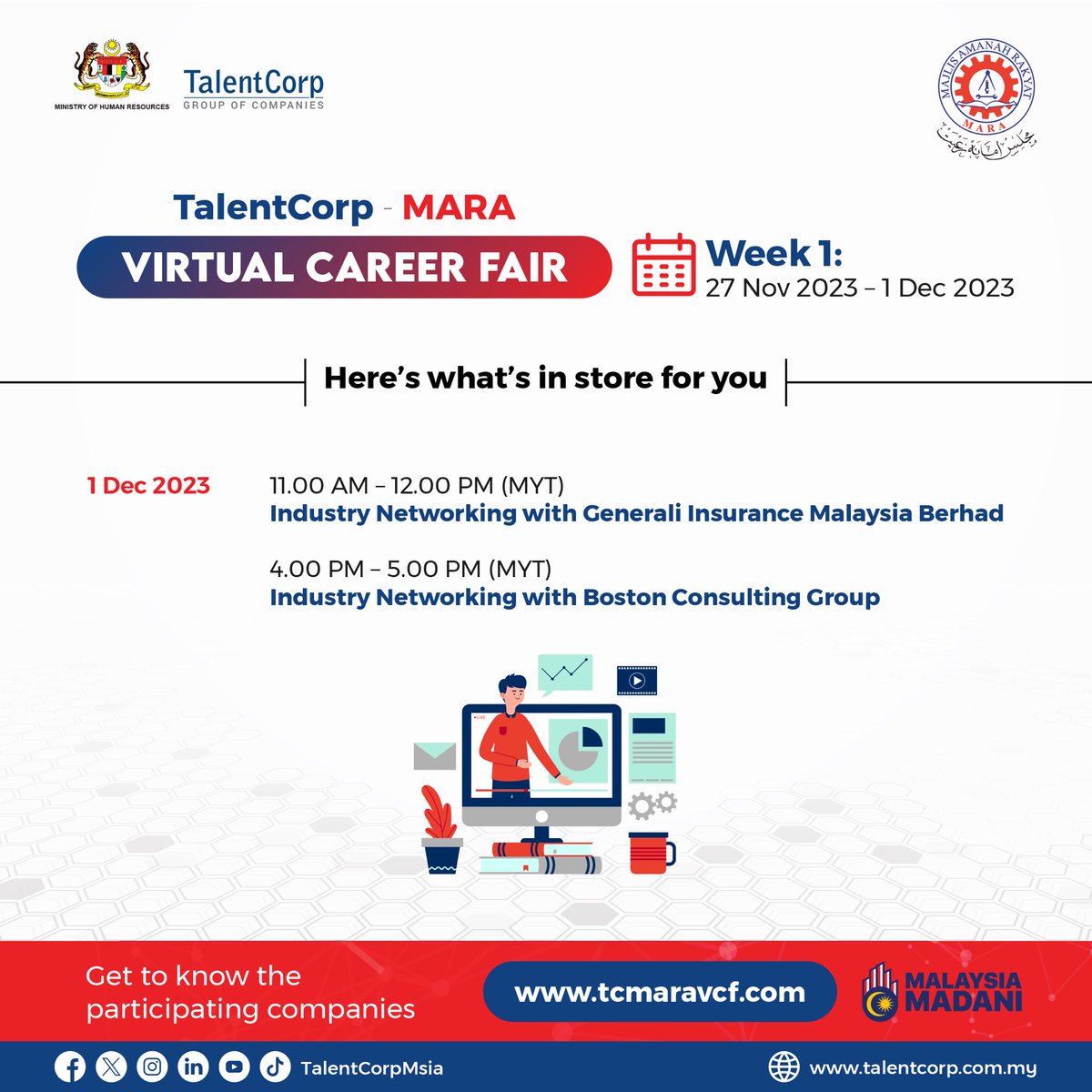 TalentCorpMsia's tweet photo. Attention all MARA scholars! 

Are you ready to kickstart TalentCorp - MARA Virtual Career Fair 2023? 

We have an awesome lineup of sessions just for you! 🤩 

Check out our itinerary of activities lined up for the first week - with exciting career talks with MARA, and networking opportunities with participating companies! Don't miss out - head to https://t.co/xFdZhIxf3I now to learn more about the event and start planning your week! 

#TalentCorp
#MARAVirtualCareerFair2023
