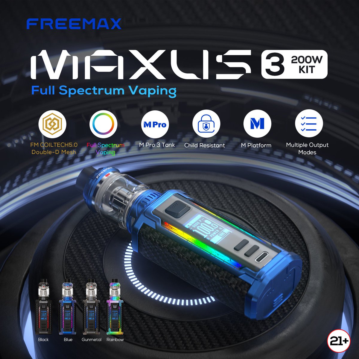 Freemaxvape's tweet image. Welcome the new member of the Full Spectrum family - Maxus 3 200W Kit! 🔥🔥🔥

💥Key Features:
FM COILTECH5.0 Double-D Mesh
Full Spectrum Vaping
M Pro 3 Tank
Child Resistant
M Platform
Multiple Output Modes

#freemaxvape #subohmtank #maxus3 #maxus200w #newlaunch #innovation