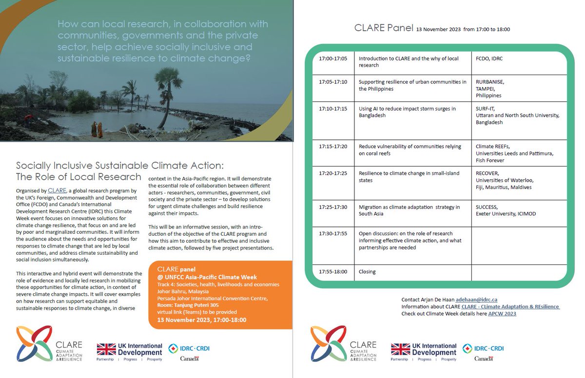 Join us at @UNFCCC Asia Pacific Climate Week.🌏 🗓️13 Nov: We will focus on how local communities are advancing climate adaptation efforts. The panel will highlight projects under the #CLimateAdaptationREsilience (CLARE) programme, led by @FCDOGovUK @IDRC_CRDI #ClimateWeekAP