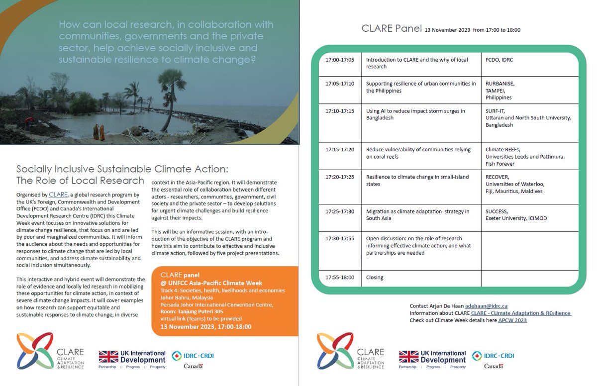 IDRCinAsia's tweet photo. Join us at @UNFCCC Asia Pacific Climate Week.🌏

🗓️13 Nov: We will focus on how local communities are advancing climate adaptation efforts.

The panel will highlight projects under the #CLimateAdaptationREsilience (CLARE) programme, led by @FCDOGovUK @IDRC_CRDI

#ClimateWeekAP https://t.co/K6Ie0BDcKY