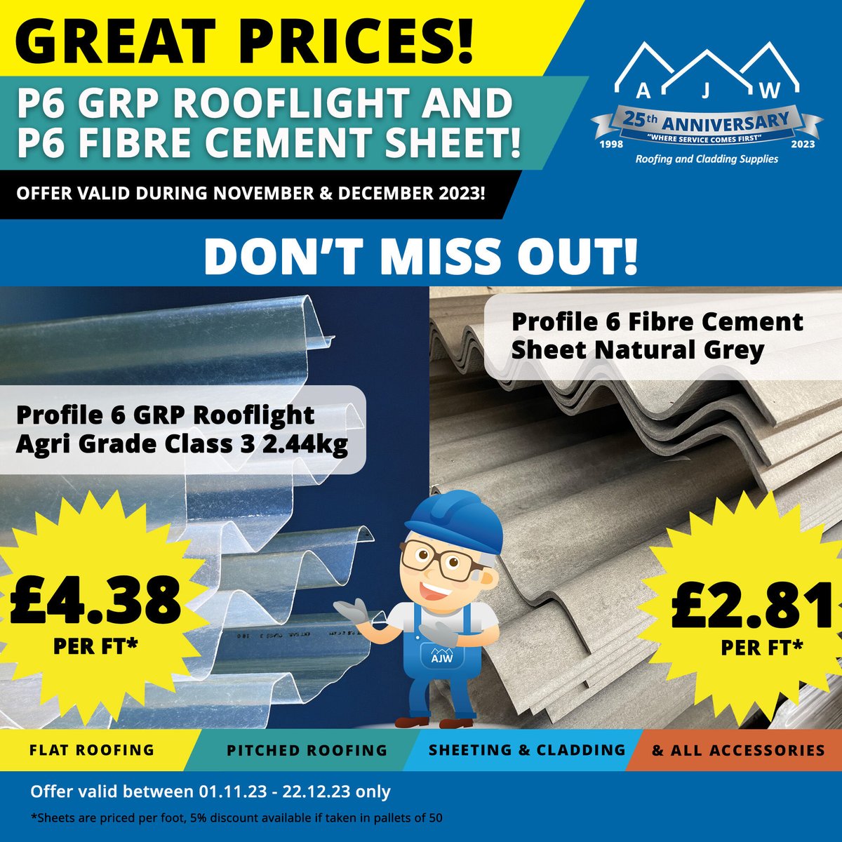 AJWDistribution's tweet image. Don&apos;t forget we have a fantastic offer on Profile 6 GRP Rooflights and Fibre Cement Sheets throughout November and December 🙌

Pop down to your local AJW depot to get yours today! 🤩

#AJWDistribution #rooftop #roofing #roofingexperts #roofingsupplies