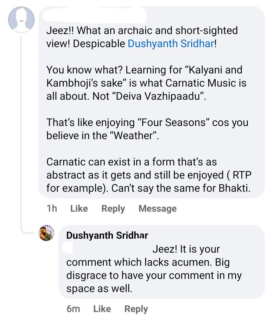dushyanthsridar's tweet photo. The volley of comments that come make me feel that this narrative that 'Karnata(ka) sangeetam' (classical carnatic music) has nothing to do with bhakti is deep rooted in our system. Thanks to our artists.

1. You learn Geetam, Swarajati, Varnam & Kritis of Vaggeyakaras. They led a life that was dedicated to their 'ishta devatas'. You release albums and render concerts on all of this. You make money. You earn fame.

2. Next, you say this is an art form. You start telling the world that we can talk about social issues and environmental topics. Then, you start singing compositions that are political in every sense. 

3. Next, we will start saying, 'Tyagaraja never said, 'only if you believe in Rama or possess some love for him, you have to sing my compositions.' His 'Sangeeta Gyanamu Bhaktivina' is either mentioned as a concocted one or 'his take' composition. 

4. My humble submission is:: To sing a kriti of Tyagaraja, I must respect him, his bhakti towards Rama, and pray that I gather at least 0.1% of his devotion someday. As I relish his 'Vandanamu', 'Vasudevayani', etc, the musical technicalities naturally percolate in me. I can NEVER sing a composition on a person who spoke ill of Rama or Tyagaraja because that is gross injustice. Some may call my view archaic, short-sighted, etc. To me, if I have chosen 'Shastriya Sangeetam' as my passion and/or profession (especially), I must strive to inculcate bhakti in me for that bhakti eventually gets translated into my renditions. Period.