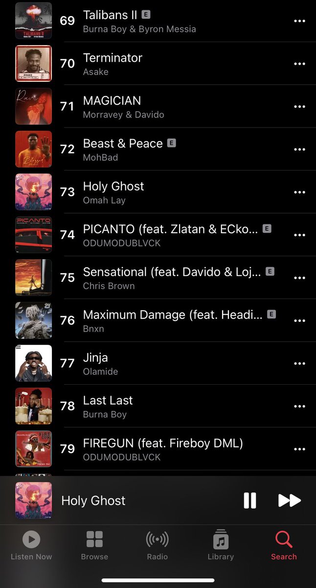 _fvckowen's tweet photo. Holy Ghost by Omah Lay has now entered the Apple Music ng top 100 at #73.💜💜 https://t.co/7G34trOtEm