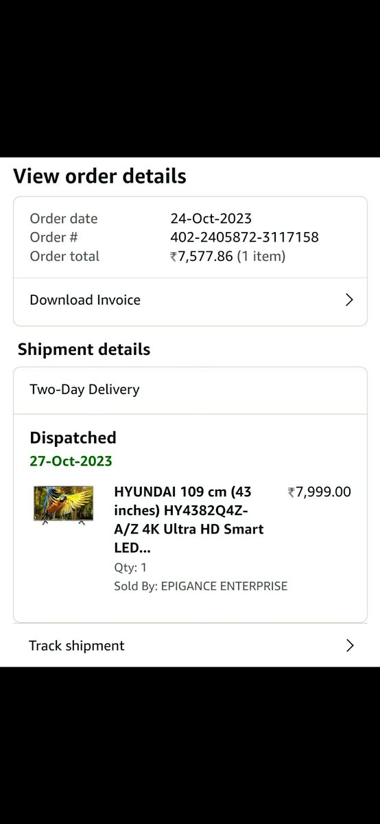 utkarshryu's tweet photo. @amazonIN @AmazonHelp  I have ordered a TV from amazon on 24th Oct, till date its not delivered. On 2nd nov, on amazon order tracking its showing, if not delivered, initiate a refund, Still I have not received refund. Order id - 402-2405872-3117158. (Status - Package maybe lost) https://t.co/HOgFvXlK0d