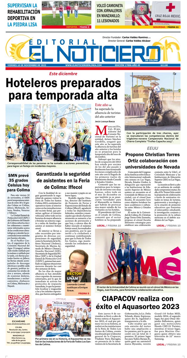 NoticieroColima's tweet photo. PORTADA DE LA EDICIÓN DEL VIERNES 10 DE NOVIEMBRE DE 2023 https://t.co/JAedtc5tzw