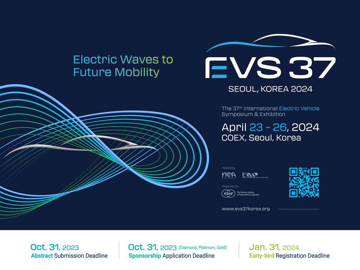 We are very pleased to announce the 37th   International Electric Vehicle Symposium &amp; Exhibition (#EVS37) will be held from April 23 to 26, 2024 at COEX, Seoul, Korea.

 For more information, please visit  website: evs37korea.org