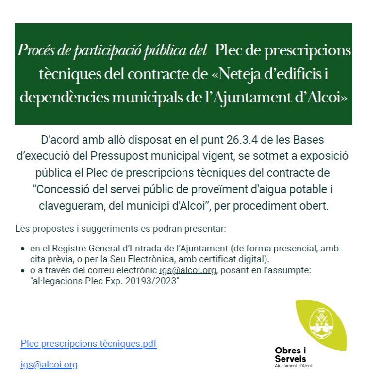 Participació pública del Plec de prescripcions tècniques del contracte de «Neteja d’edificis i dependències municipals de l’Ajuntament d’Alcoi»

+ Informació en alcoi.org/.../noti.../no…