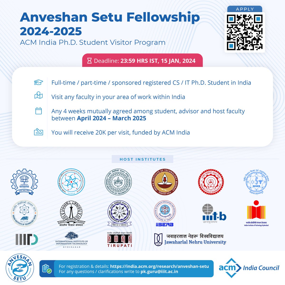 ponguru's tweet photo. CS / IT PhD Student in India? 👌🏽 opportunity to visit faculty of your choice for (min) 4 weeks to get an immersive experience of research. @ACMIndia will fund the visit. 👌🏽 host faculty &amp; institutes. More details https://t.co/tLarNWlVjn 🙏🏽 spread. #AnveshanSetu #AnveshanSetu2024 https://t.co/QE5ghDwJ2r