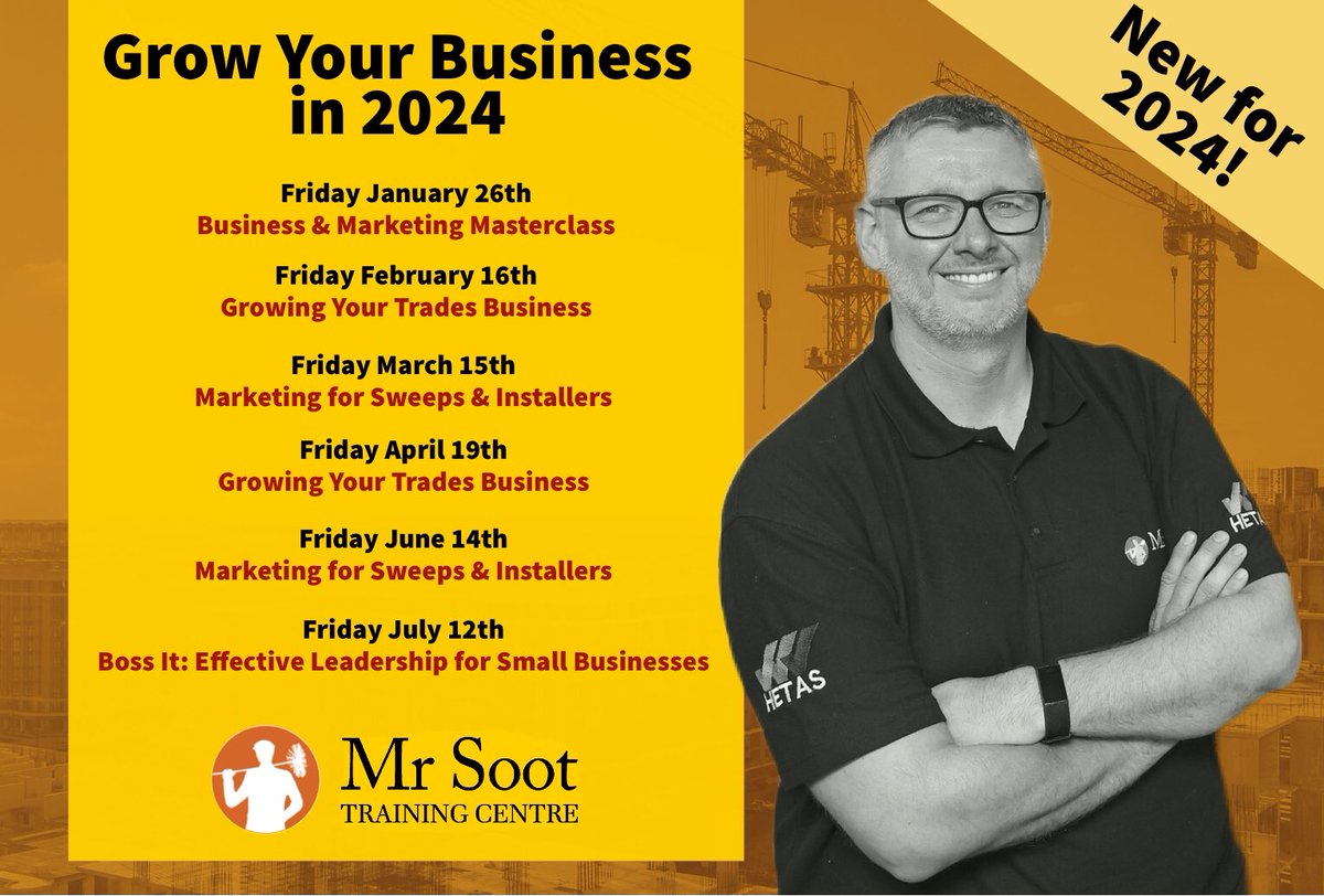 🚀 Grow Your Business With Us! 🚀

2024 is the year to start working ON your business , not just IN it ⚒️ 

Our one-day masterclasses are ideal for sweeps, installers, product manufacturers, distributors and other industry support services.

🖥️ mr-soot.com/product-catego…