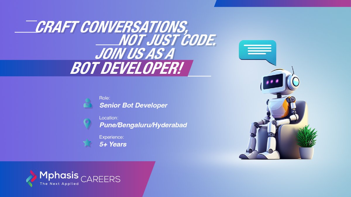 MphasisCareers's tweet image. We are looking for a Senior Bot Developer to collaborate on cutting-edge enterprise applications in real-time. If you are proficient in Artificial Intelligence and Machine Learning algorithms, click shorturl.at/csyYZ to apply now!
#StayAhead #BotDeveloper #MphasisCareers