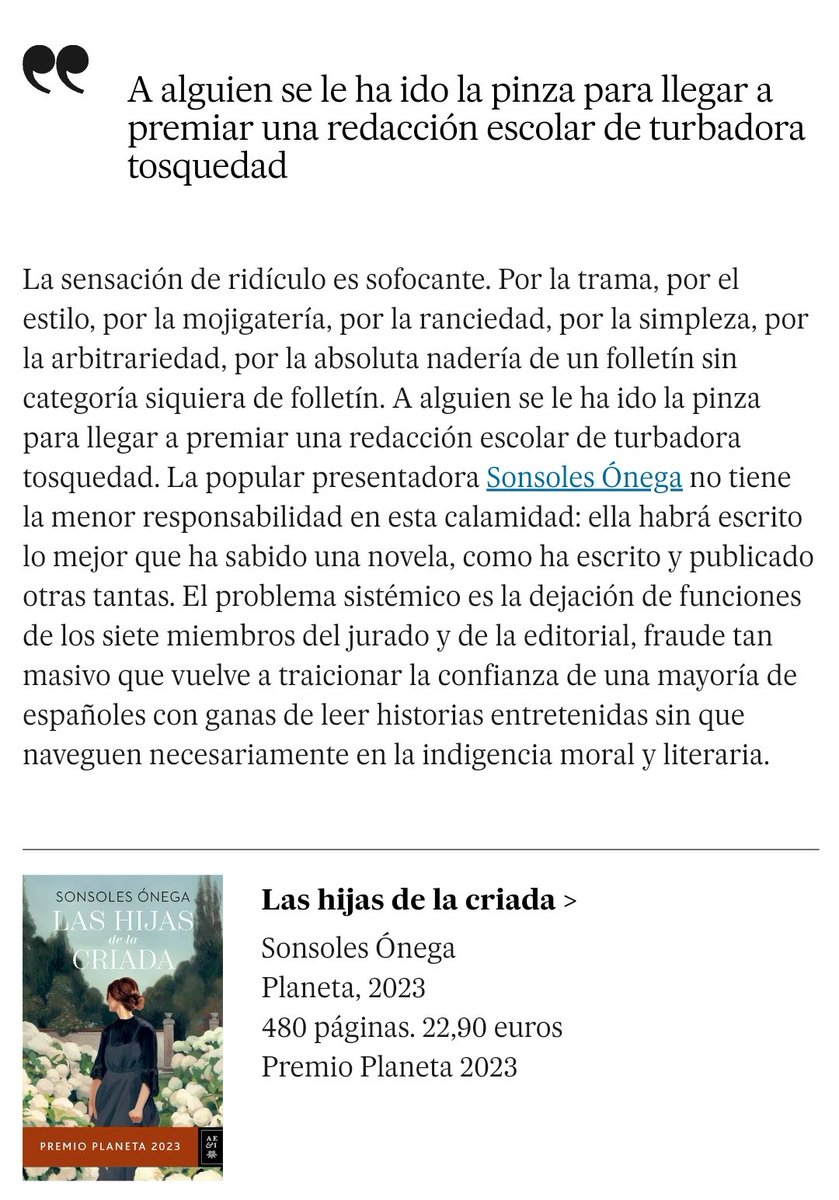 La crítica que le hace El País a la novela de Sonsoles Ónega, premiada por Planeta con un millón de pavos, es canela.