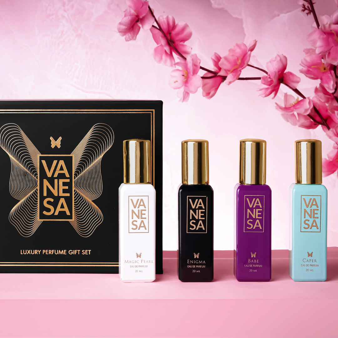 Step into the festivities with Vanesa Perfumes, coming in 20 ml bottles! These pocket-sized wonders are your perfect accessory to add an extra layer of charm to your festive ensemble. #giftpacks #Gift #20mlPerfumes #Women #EDP #Perfumes #GiftSetforDiwali #Diwali #Vanesa