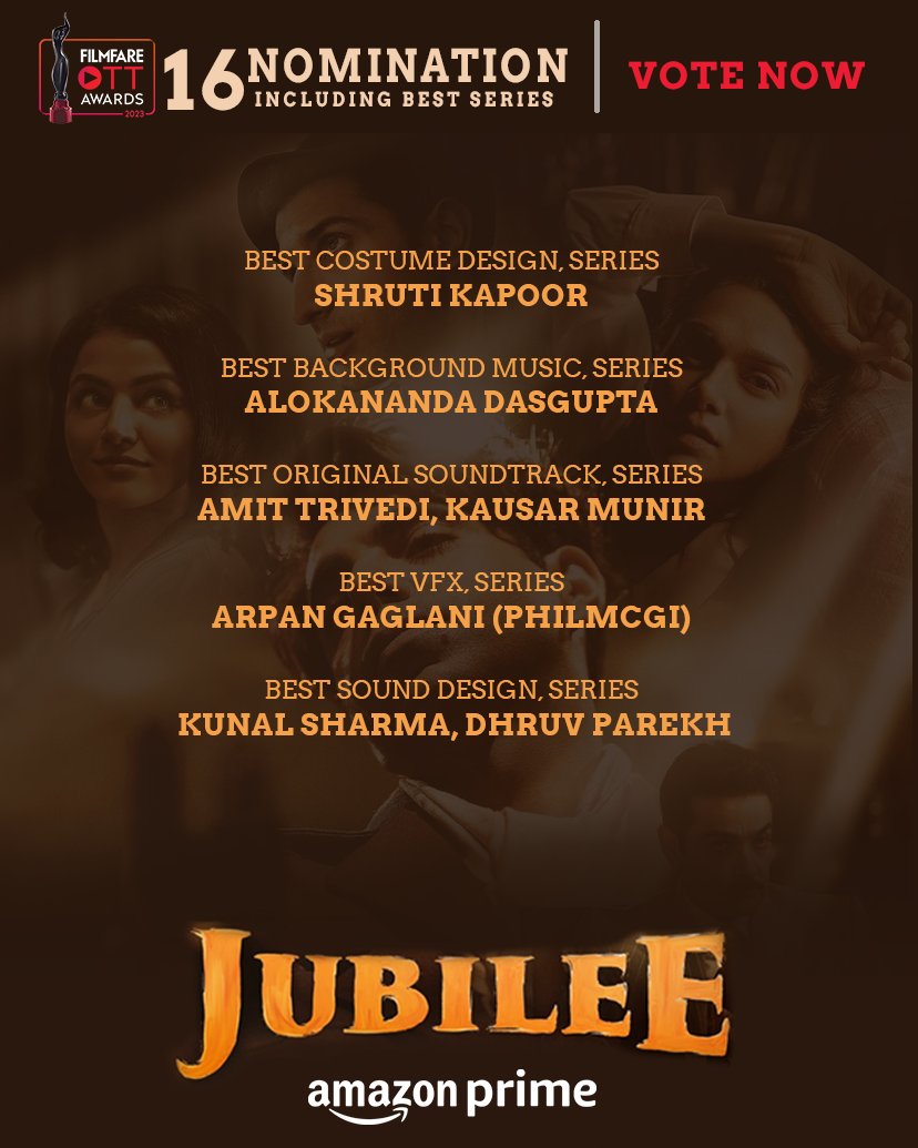 Jubilee has sparked its magic and how! ✨
Vote Now :filmfare.com/awards/filmfar…

#VikramAdityaMotwane @prosenjitbumba @aditiraohydari @Aparshakti #SidhantGupta @GabbiWamiqa @RamKapoor @nandishsandhu @shweta_official @Sukhmanilamba21 #AndolanFilms @FuhSePhantom @PrimeVideoIN