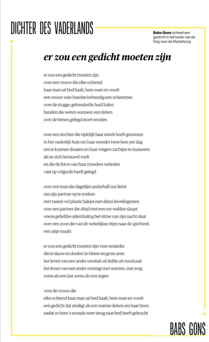 De dag van de #mantelzorg. Wat een prachtig gedicht van Dichter des Vaderlands Babs Gons: er zou een gedicht moeten zijn #zorg