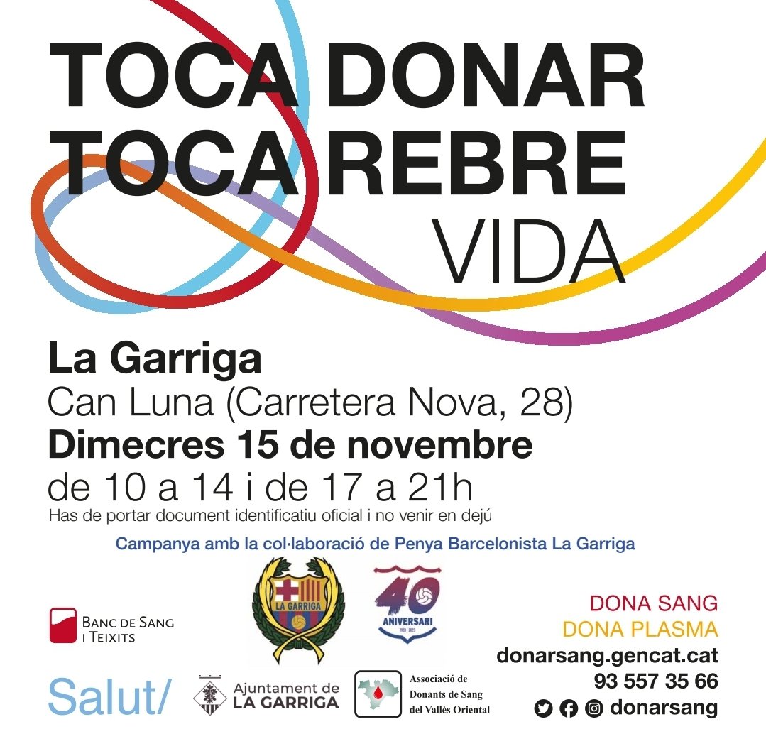 ❤️Dimecres 15 de novembre hi ha una nova jornada de <a href="/donarsang/">Banc de Sang</a> a Can Luna de #laGarriga 

❤️💙 Aquesta campanya es fa amb col·laboració de <a href="/pblagarriga/">PB la Garriga</a>

✍️Us podeu inscriure a donarsang.gencat.cat.