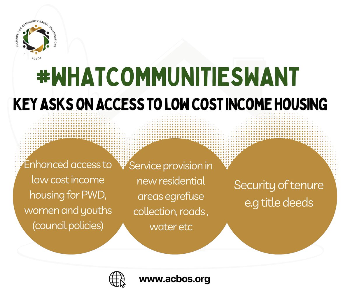 Key community's key asks on access to low-cost income housing 
#housing4all 
#housingjustice 

@YoungWomenInst @greengovzw1 @GwenTrust @GreenInstitute2 @glanyline @KasambabeziFM @CIASA_Official @CydtMat @kmunemo @ImpactStoriesZw @cv_zim @wesewomen @vanyaradzayi