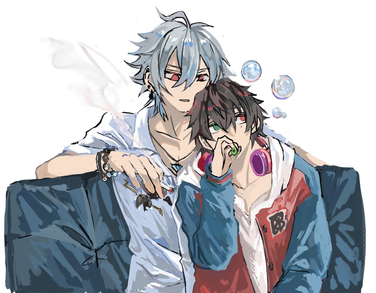 2boys multiple boys red eyes male focus jewelry headphones around neck cigarette  illustration images