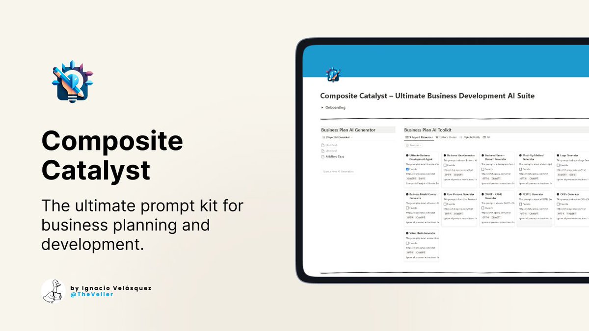 TheVeller's tweet image. Just admit it, you think business planning is hard.

ChatGPT don&apos;t.

That&apos;s why I built Composite Catalyst:

• x12 premium prompts
• x1 AI Agent
• Notion AI

For the next 48 hours only, it&apos;s FREE!

Just:

• Follow
• Like &amp;amp; share
• Reply &quot;plan&quot;

I&apos;ll DM you.