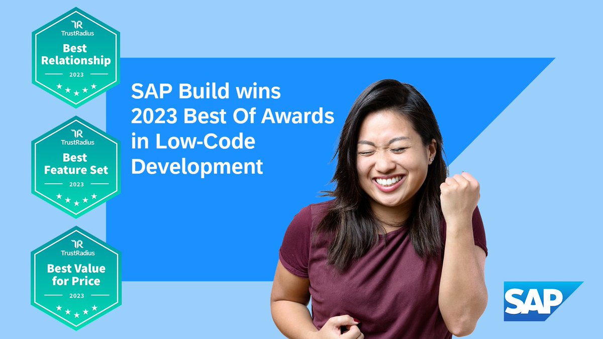 BritzChristine's tweet photo. 🎉 @SAPBuild is a winner! @trustradius announces that SAP Build has won all three 2023 Best Of Awards – Best Relationship, Best Feature Set, and Best Value for Price in Low-Code Development. Thank you to all our customers for sharing their feedback 👏

https://t.co/fcp1dVGDEO https://t.co/fsN0J2Tptd