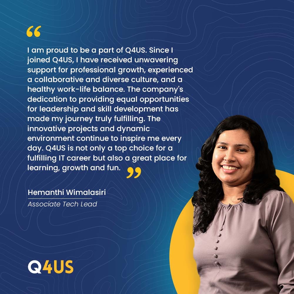 Q4USdev's tweet photo. Here's Hemanthi's take on life at Q4US.
At Q4US, we nurture every team player's creativity to thrive in innovation and to excel together.
mailto:work@q4us.dev
#careers #techrecruitment #softwareengineer #QGenius #hiring https://t.co/fCYkdnUN0P